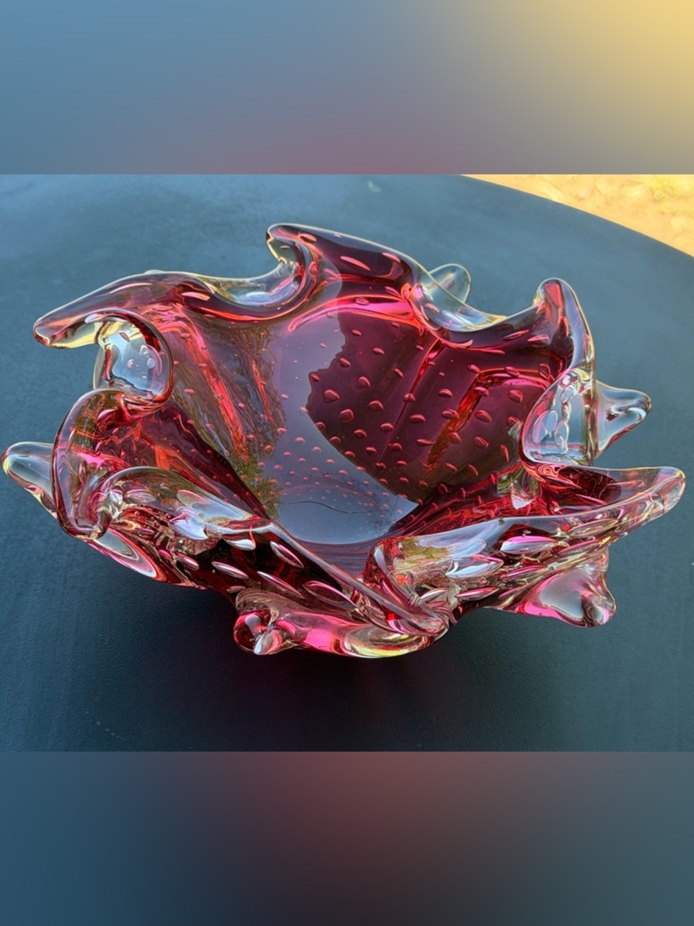 VTG Murano Style Cranberry Red Art Glass Bowl w/ Controlled Bubbles free form